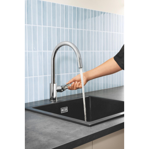 Grohe Start Edge Robinet de cuisine - 1 trou - bec haut orientable extensible - saillie 21,5 cm - levier fermé - chromé SW924867
