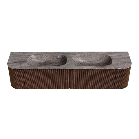 MONDIAZ KURVE-DLUX 190cm meuble de salle de bains arrondi gauche + droite couleur Walnut avec 2 tiroirs et 2 portes. Plan-vasque STOR SMALL double sans trou de robinet Oza. SW1432474