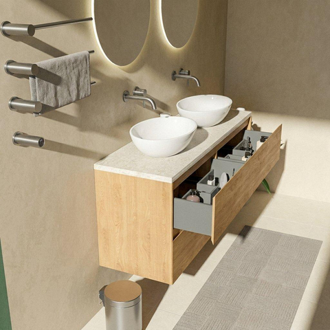Saniclass Holz Pure Badkamermeubelset - 140x45x63cm - Travertine natuurstenen topblad - zonder kraangat - 4 lades - mat eiken natural (hout) SW1478895