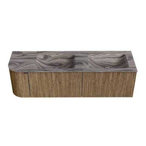 MONDIAZ KURVE-DLUX 155cm badmeubel ronding Links kleur Dusk met 2 lades en 1 deur. Wastafel LEAF Dubbel / Rechts 2 kraangaten Sombra. SW1433897