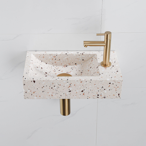 FugaFlow Eccelente Pietra Ensemble de fontaine - 40x22x10cm - trou de robinet à droite - robinet de fontaine en laiton brossé PVD - bouchon de vidange - siphon abaissé - beige mat SW1468988