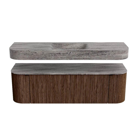 MONDIAZ THOR-DLUX 150cm meuble de salle de bains arrondi gauche + droite couleur Walnut avec 1 tiroir et 2 portes. Vasque suspendue CLOUD Milieu 1 trou de robinet couleur Oza. SW1464863