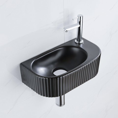 QeramiQ Fuente fonteinset – halfrond – 40x21.5x12 cm – kraangat rechts – chromen kraan – geribbeld SW1232879