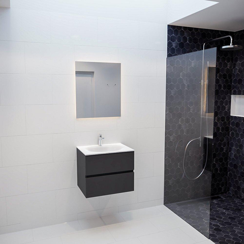 MONDIAZ VICA Badkamermeubelset - 60cm - 2 lades - wasbak Moon midden - 1 kraangat - solid surface darkgrey SW409690
