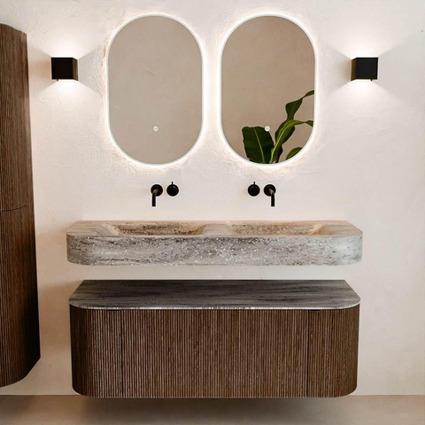 MONDIAZ THOR-DLUX 130cm meuble de salle de bains arrondi gauche + droite couleur Walnut avec 1 tiroir et 2 portes. Vasque suspendue CLOUD Double sans trou de robinet couleur Oza. SW1463997