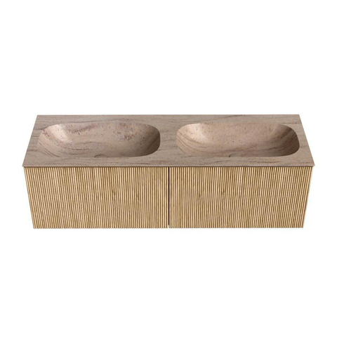 MONDIAZ KURVE-DLUX Meuble de salle de bains 140cm couleur Oak avec 2 tiroirs et 0 portes. Lavabo STOR SMALL Double sans trou de robinet Saba. SW1433113