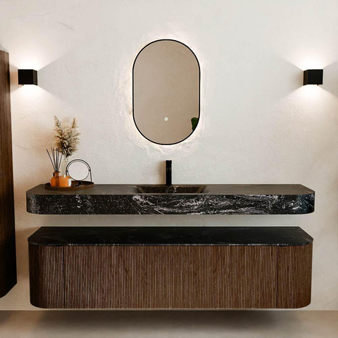 MONDIAZ THOR-DLUX 180cm meuble de salle de bains arrondi gauche + droite couleur Walnut avec 2 tiroirs et 2 portes. Vasque suspendue CLOUD Milieu 1 trou de robinet couleur Lava. SW1465960
