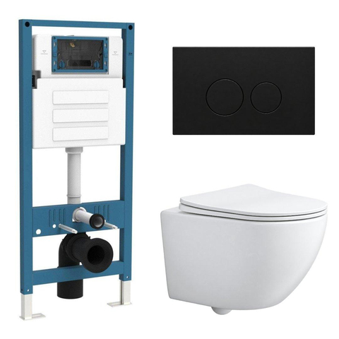 QeramiQ Dely Swirl Compact Toiletset - inbouwreservoir QeramiQ flush - slim zitting - metalen bedieningsplaat mat zwart - ronde knoppen - mat wit SW1590656