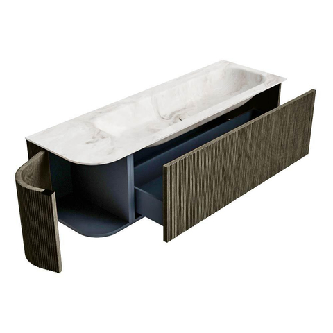 Mondiaz KURVE-DLUX Ensemble de meuble de salle de bains - 145x46x40cm - 1 tiroir - 1 porte - lavabo solid surface - droite - sans trou de robinet - Shadow SW1414363