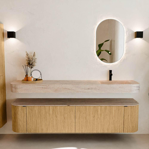 MONDIAZ THOR-DLUX Meuble de salle de bains - 190cm - arrondi gauche + droite - couleur Oak - 2 tiroirs et 2 portes - Vasque suspendue CLOUD Droite 1 trou de robinet - couleur Saba SW1466657