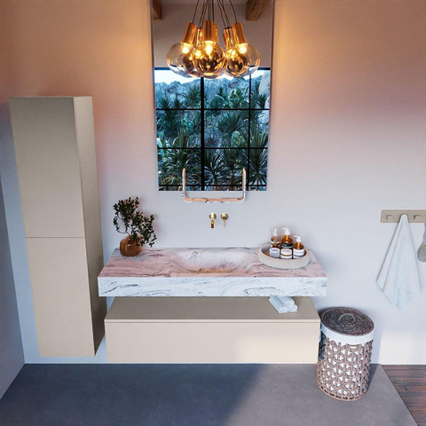 Mondiaz ALAN-DLUX Ensemble de meuble - 130cm - meuble Linen mat - 1 tiroir - Lavabo Cloud Glace suspendu - vasque Centre - 0 trous de robinet SW806009