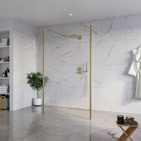 Fortifura Galeria Vrijstaande Inloopdouche - 120x200cm - helder - antikalk - 8mm veiligheidsglas - 2 zijwanden - 30cm - wandsteunen en hoekprofielen - PVD - geborsteld messing (goud) SW976660