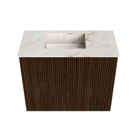 Mondiaz JOYA-DLUX 50cm toiletmeubel - kleur Walnut - Wastafel FAYE positie Links 1 kraangat kleur Frappe. SW1422259
