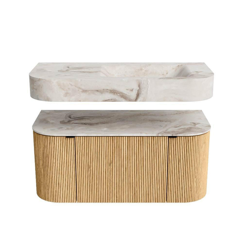 MONDIAZ THOR-DLUX 100cm meuble de salle de bains arrondi gauche + droite couleur Oak avec 1 tiroir et 2 portes. Vasque suspendue CLOUD droite sans trou de robinet couleur Frappe. SW1467295