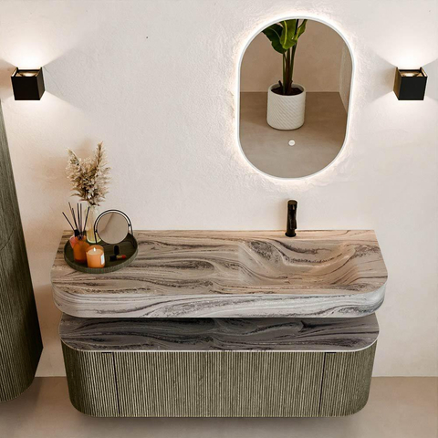 MONDIAZ THOR-DLUX 140cm meuble de salle de bains arrondi gauche + droite couleur Shadow avec 1 tiroir et 2 portes. Vasque suspendue CLOUD Droite 1 trou de robinet couleur Sombra. SW1464259