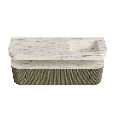 MONDIAZ THOR-DLUX 160cm meuble de salle de bains arrondi gauche + droite couleur Shadow avec 1 tiroir et 2 portes. Vasque suspendue CLOUD Droite 1 trou de robinet couleur Nata. SW1465289