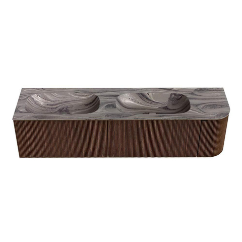 MONDIAZ KURVE-DLUX 175cm badmeubel ronding Rechts kleur Walnut met 2 lades en 1 deur. Wastafel STOR SMALL Dubbel / Links 2 kraangaten Sombra. SW1433719