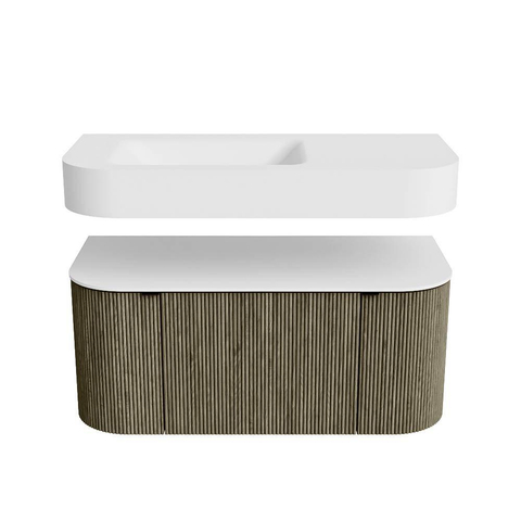 MONDIAZ THOR 100cm meuble de salle de bains arrondi gauche + droite couleur Shadow avec 1 tiroir et 2 portes. Vasque suspendue CLOUD Gauche sans trou de robinet couleur Talc. SW1467436