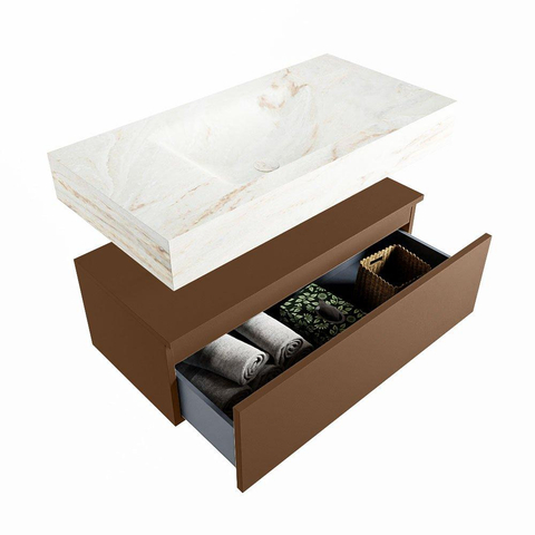 Mondiaz ALAN-DLUX Ensemble de meuble - 90cm - meuble Rust mat - 1 tiroir - Lavabo Cloud Frappe suspendu - vasque Centre - 0 trous de robinet SW805074