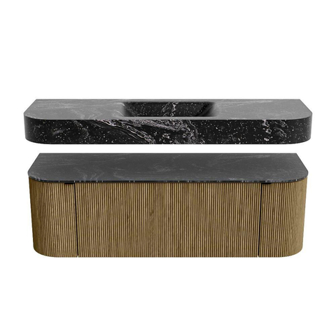 MONDIAZ THOR-DLUX Meuble de salle de bains 140cm arrondi gauche + droite couleur Dusk avec 1 tiroir et 2 portes. Vasque suspendue CLOUD Milieu sans trou de robinet couleur Lava. SW1464229