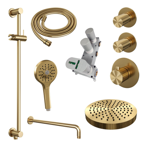 BRAUER Stripe Thermostatische Inbouw Regendouche - SET 11 - 25cm douchekop - gebogen muurarm - 3-standen handdouche - doucheslang - geïntegreerde glijstang - goud geborsteld PVD SW1434842