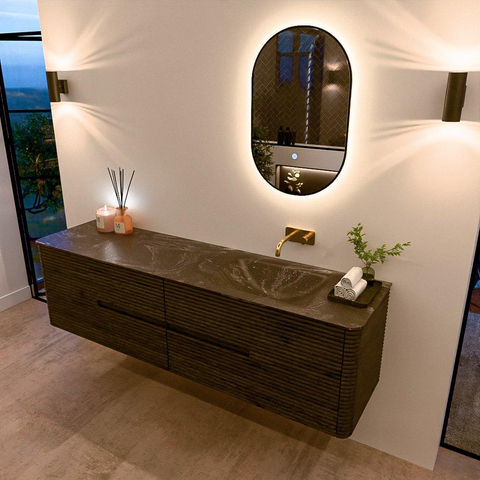 Mondiaz CIRO-DLUX Ensemble de meuble de salle de bains - 180x45x50cm - Plan vasque en solid surface Lava - 1 vasque à droite - sans trous de robinet - 4 tiroirs - Shadow SW1532520