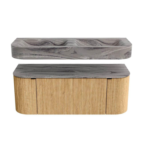 MONDIAZ THOR-DLUX 120cm badmeubel ronding links + rechts kleur Oak met 1 lade en 2 deuren. Vrijhangende wastafel CLOUD Dubbel 2 kraangaten kleur Sombra. SW1463640