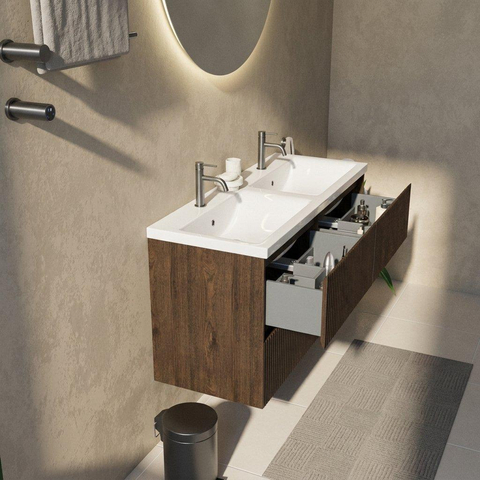 Saniclass Holz Atelier Ensemble de meubles de salle de bains - 120x45x63.5cm - Lavabo Bari en céramique blanc - 2 vasques - 2 trous de robinet - 2 tiroirs - chêne charcoal mat (bois) SW1478781