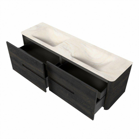 Mondiaz CIRO-DLUX Badkamermeubelset - 160x45x50cm - Solid surface wastafel Ostra - 2 wasbak Dubbel - 2 kraangaten - 4 lades - Shadow SW1532346