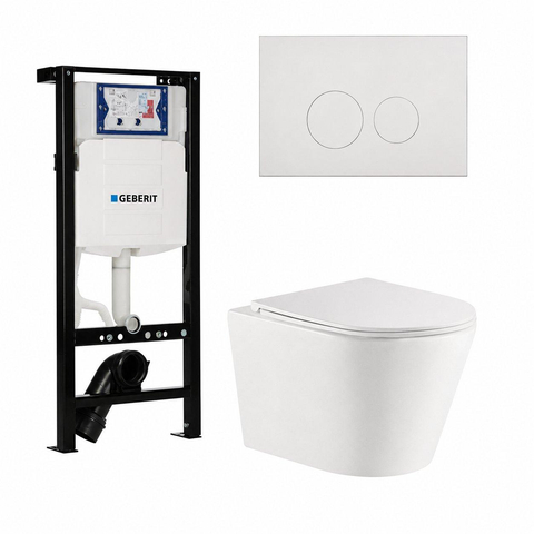 QeramiQ Dely Toiletset - 36.3x51.7cm - diepspoel - rimless - Geberit UP320 plieger inbouwreservoir - softclose toiletzitting - glans witte bedieningsplaat - ronde knoppen - mat wit SW1413228