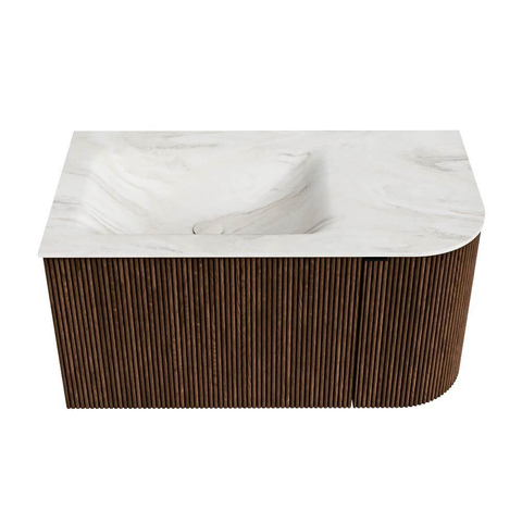 MONDIAZ KURVE-DLUX 85cm badmeubel met module 25 R kleur Walnut met 1 lade en 1 deur. Wastafel CLOUD links 1 kraangat kleur Ostra. SW1137851