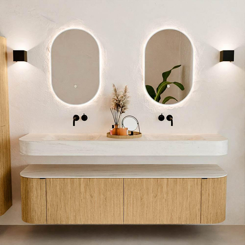 MONDIAZ THOR-DLUX 180cm meuble de salle de bains arrondi gauche + droite couleur Oak avec 2 tiroirs et 2 portes. Vasque suspendue CLOUD Double sans trou de robinet couleur Meli. SW1466174