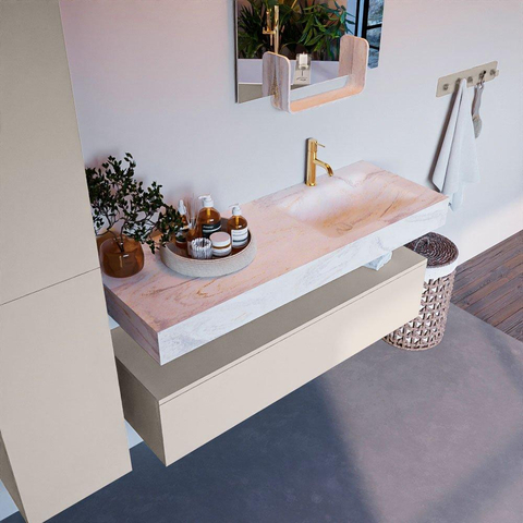 Mondiaz ALAN-DLUX Ensemble de meuble - 130cm - meuble Linen mat - 1 tiroir - Lavabo Cloud Ostra suspendu - vasque Droite - 1 trou de robinet SW807281