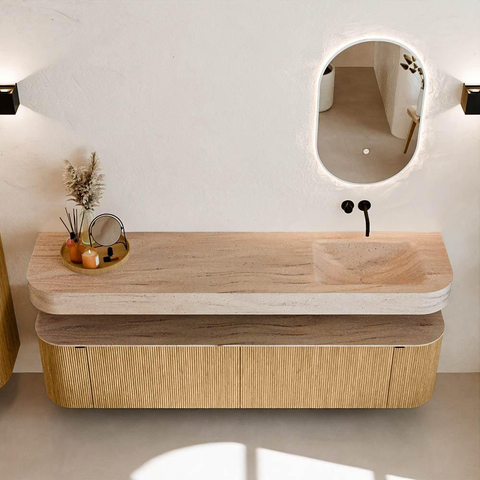 MONDIAZ THOR-DLUX 190cm meuble de salle de bains arrondi gauche + droite couleur Oak avec 2 tiroirs et 2 portes. Vasque suspendue CLOUD Droite sans trou de robinet couleur Saba. SW1466639
