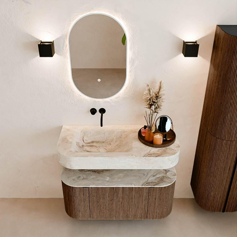 MONDIAZ THOR-DLUX 100cm meuble de salle de bains arrondi gauche + droite couleur Walnut avec 1 tiroir et 2 portes. Vasque suspendue CLOUD gauche sans trou de robinet couleur Frappe. SW1467336