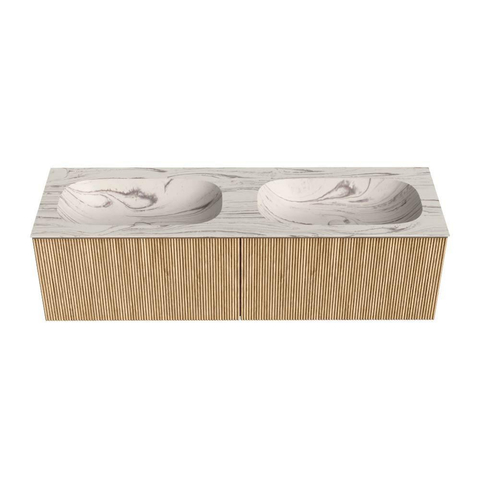 MONDIAZ KURVE-DLUX 150cm badmeubel kleur Oak met 2 lades en 0 deuren. Wastafel STOR SMALL Dubbel 2 kraangaten Nata. SW1432138