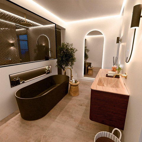 Mondiaz CIRO-DLUX Ensemble de meubles de salle de bains - 150x45x50cm - vasque Solid Surface Saba - 1 lavabo à droite - sans trous de robinetterie - 4 tiroirs - Ruby SW1531902