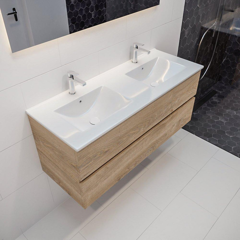 MONDIAZ VICA Ensemble de meuble salle de bain - 120cm - 2 tiroirs - lavabo Denia double 2 trous de robinet - céramique - chêne blanchi SW410030