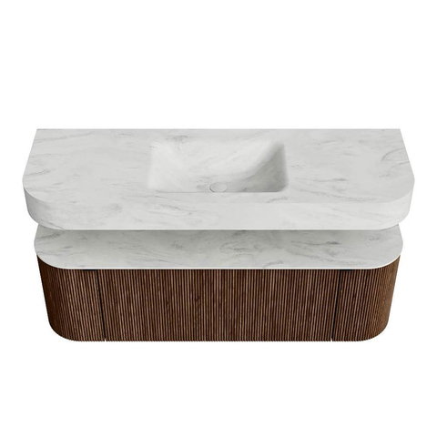 MONDIAZ THOR-DLUX 140cm badmeubel ronding links + rechts kleur Walnut met 1 lade en 2 deuren. Vrijhangende wastafel CLOUD Midden 1 kraangat kleur Opalo. SW1464158