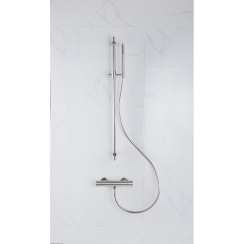 FortiFura Calvi Ensemble de douche barre curseur avec douchette stick, flexible lisse et robinet de douche Inox brossé PVD SW811916
