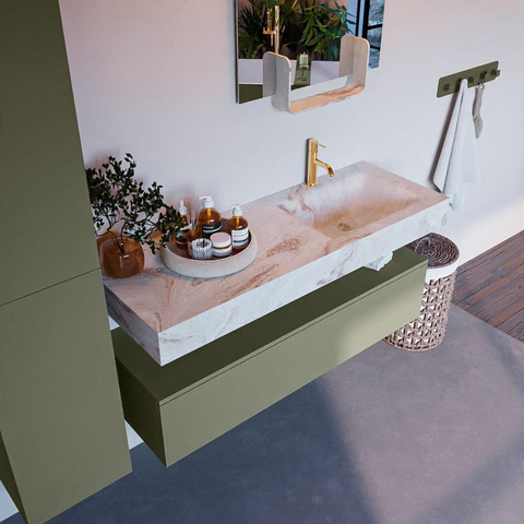 Mondiaz ALAN-DLUX Ensemble de meuble - 130cm - meuble Army mat - 1 tiroir - Lavabo Cloud Frappe suspendu - vasque Droite - 1 trou de robinet SW804805