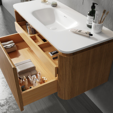 Royal Plaza Terra Edge Ensemble meuble de salle de bains - 100x45.5x46cm - vasque en céramique blanc brillant - 1 vasque - sans trous de robinet - 2 tiroirs - sandwood (chêne clair) SW1471932
