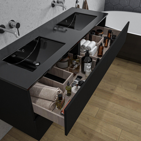 Saniclass Chaci Meuble de salle de bain - 140x46x55cm - lavabo en céramique noir - 2 vasques - sans trous de robinet - 4 tiroirs - noir mat SW1171463