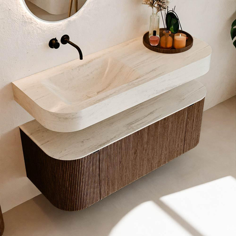 MONDIAZ THOR-DLUX Meuble de salle de bains 120cm arrondi gauche + droite couleur Walnut avec 1 tiroir et 2 portes. Vasque suspendue CLOUD Gauche sans trou de robinet couleur Meli. SW1463335