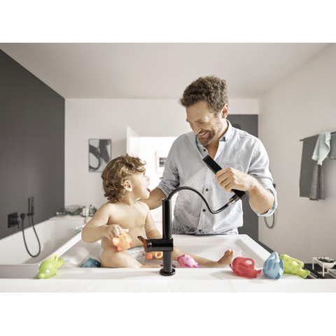Hansgrohe Finoris Wastafelkraan - 230 - 2jet - met uittrekbare vuistdouche - met afvoerplug - mat zwart SW651140