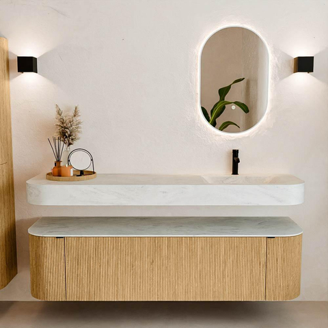 MONDIAZ THOR-DLUX Meuble de salle de bains 170cm arrondi gauche + droite couleur Oak avec 1 tiroir et 2 portes. Vasque suspendue CLOUD Droite 1 trou de robinet couleur Opalo. SW1465433