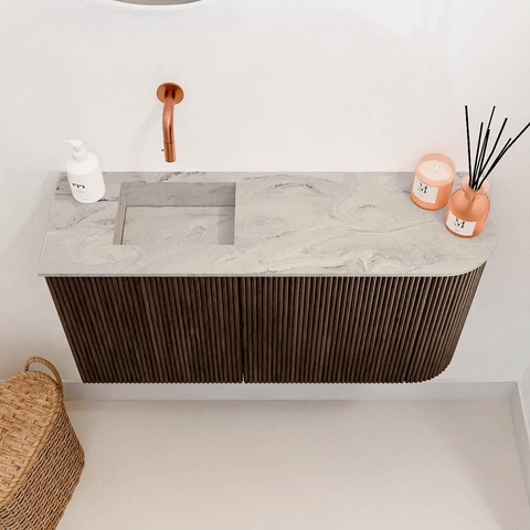Mondiaz JOYA-DLUX 81.6cm toiletmeubel - ronding rechts kleur Walnut - Wastafel FAYE positie Links Zonder kraangat kleur Glace. SW1422398