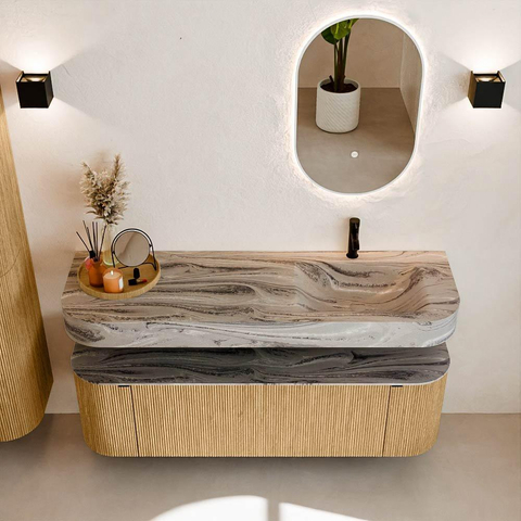 MONDIAZ THOR-DLUX 150cm badmeubel ronding links + rechts kleur Oak met 1 lade en 2 deuren. Vrijhangende wastafel CLOUD Rechts 1 kraangat kleur Sombra. SW1464897