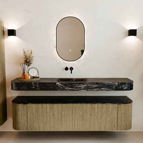 MONDIAZ THOR-DLUX Meuble de salle de bains 180cm arrondi gauche + droite couleur Dusk avec 2 tiroirs et 2 portes. Vasque suspendue CLOUD Milieu sans trou de robinet couleur Lava. SW1466011