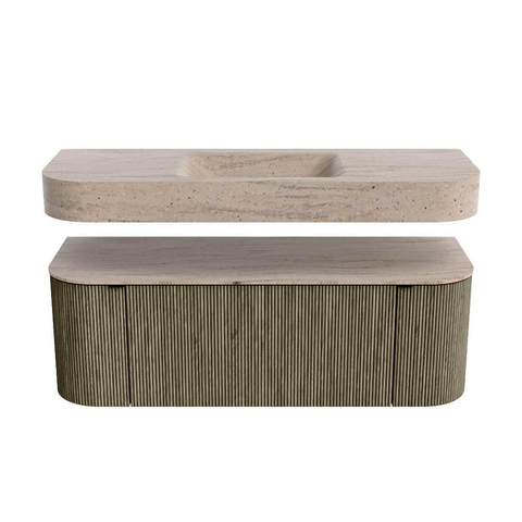 MONDIAZ THOR-DLUX 130cm badmeubel ronding links + rechts kleur Shadow met 1 lade en 2 deuren. Vrijhangende wastafel CLOUD Midden 1 kraangat kleur Saba. SW1464028